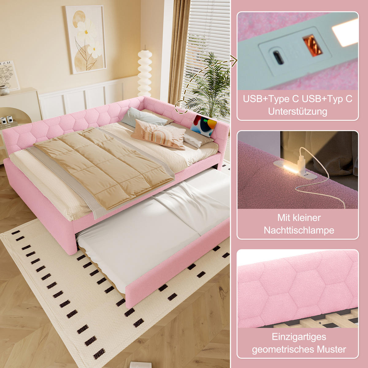 TAGEBETT 140x200cm Rosa Vliesimitat Nachttischlampe Ausziehbett USB-C - Pink, Holz (140/200cm) - FLIEKS