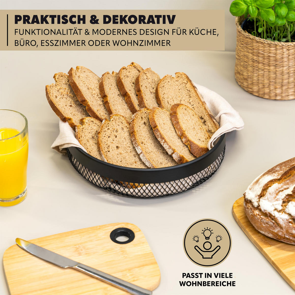 OBSTKORB - BROTKORB 2er Set, runde Obstschale, aus schwarzem Metall - Schwarz, Metall (30/6cm) - eluno