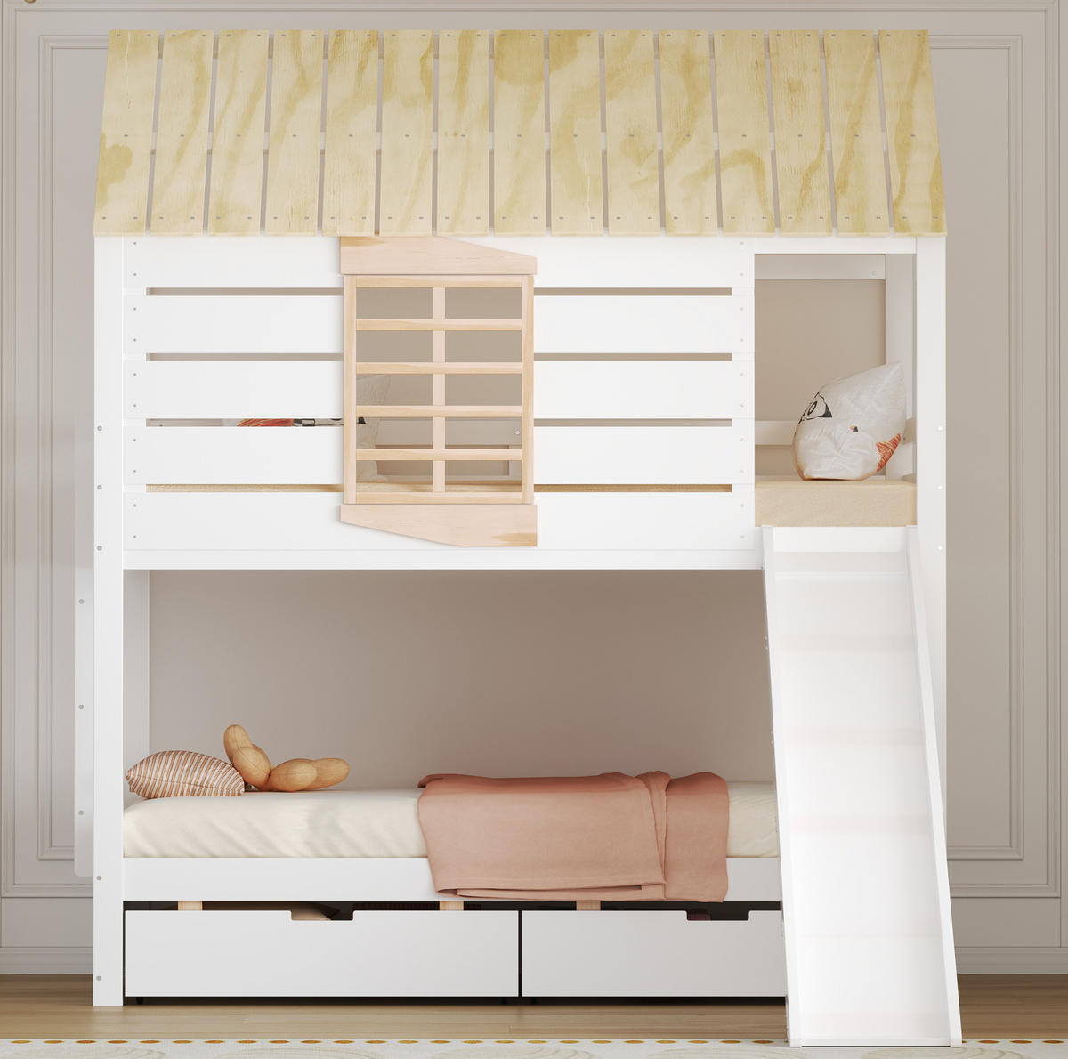 ETAGENBETT aus Kiefer und MDF 90x200 cm Weiß/Natur mit Rutsche, 2 Schubladen und Hausdach - Weiß, Holzwerkstoff (90/200cm) - Modfu