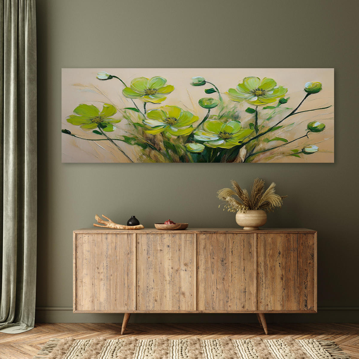 WANDBILD grüne blumen pflanzen zusammensetzung - Grün, Textil (90/30cm) - Feeby