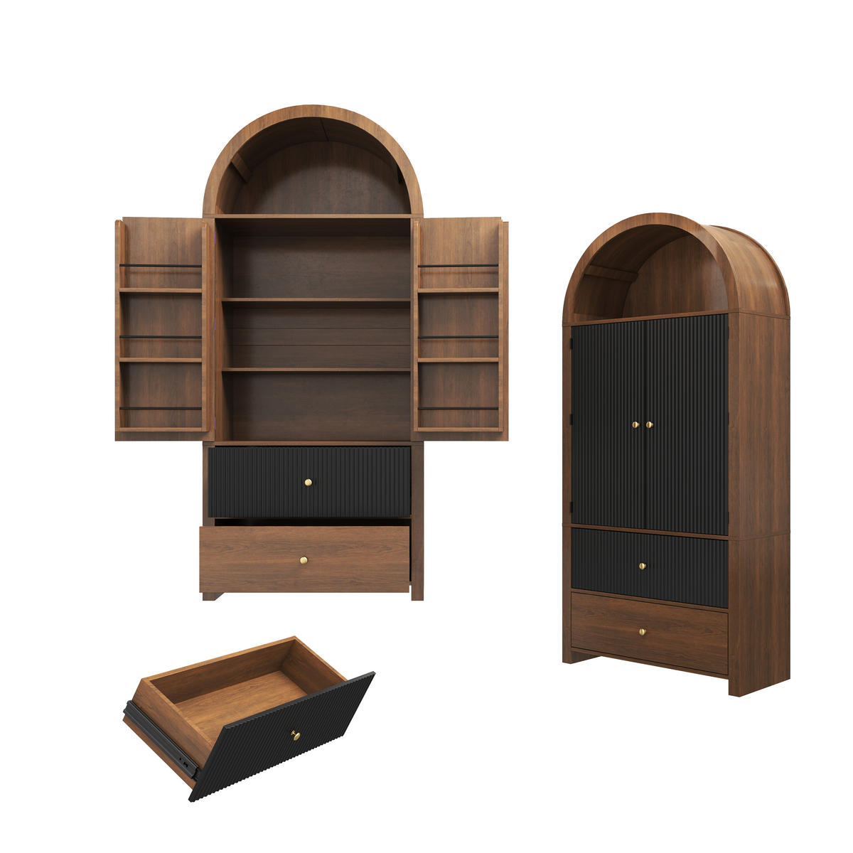MEHRZWECKSCHRANK mit Bogendesign, Stauraum & Vintage-Optik (MDF), Schwarz, 40/80/180cm - Walnussfarben/Schwarz, Holzwerkstoff (80/180/40cm) - EVRYAE