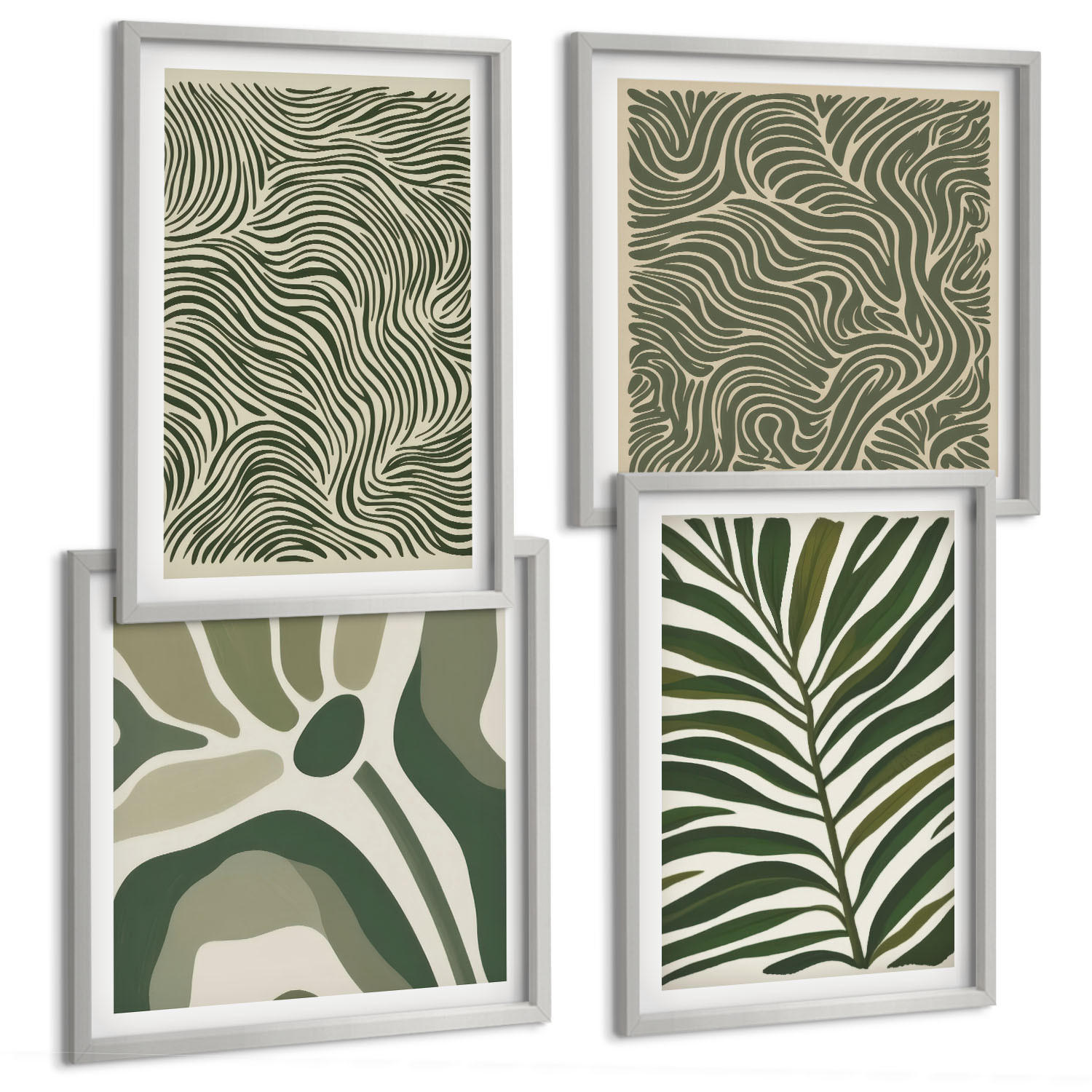 BILDER SET 4er Set - 50x50 cm & 40x60 cm Silberner Rahmen - Blattmuster und wellenförmige Formen - Silberfarben, Kunststoff (50/50cm) - TULUP