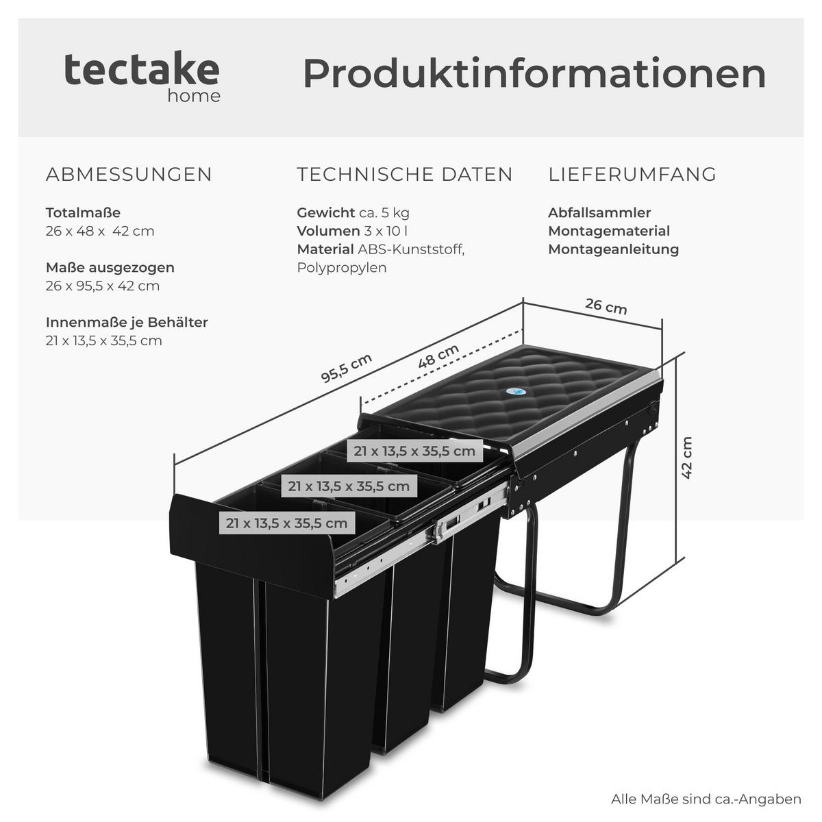 ABFALLSAMMLER Ashlyn,26 x 48 x 42 cm,schwarz - Schwarz, Kunststoff (26/42/48cm) - tectake