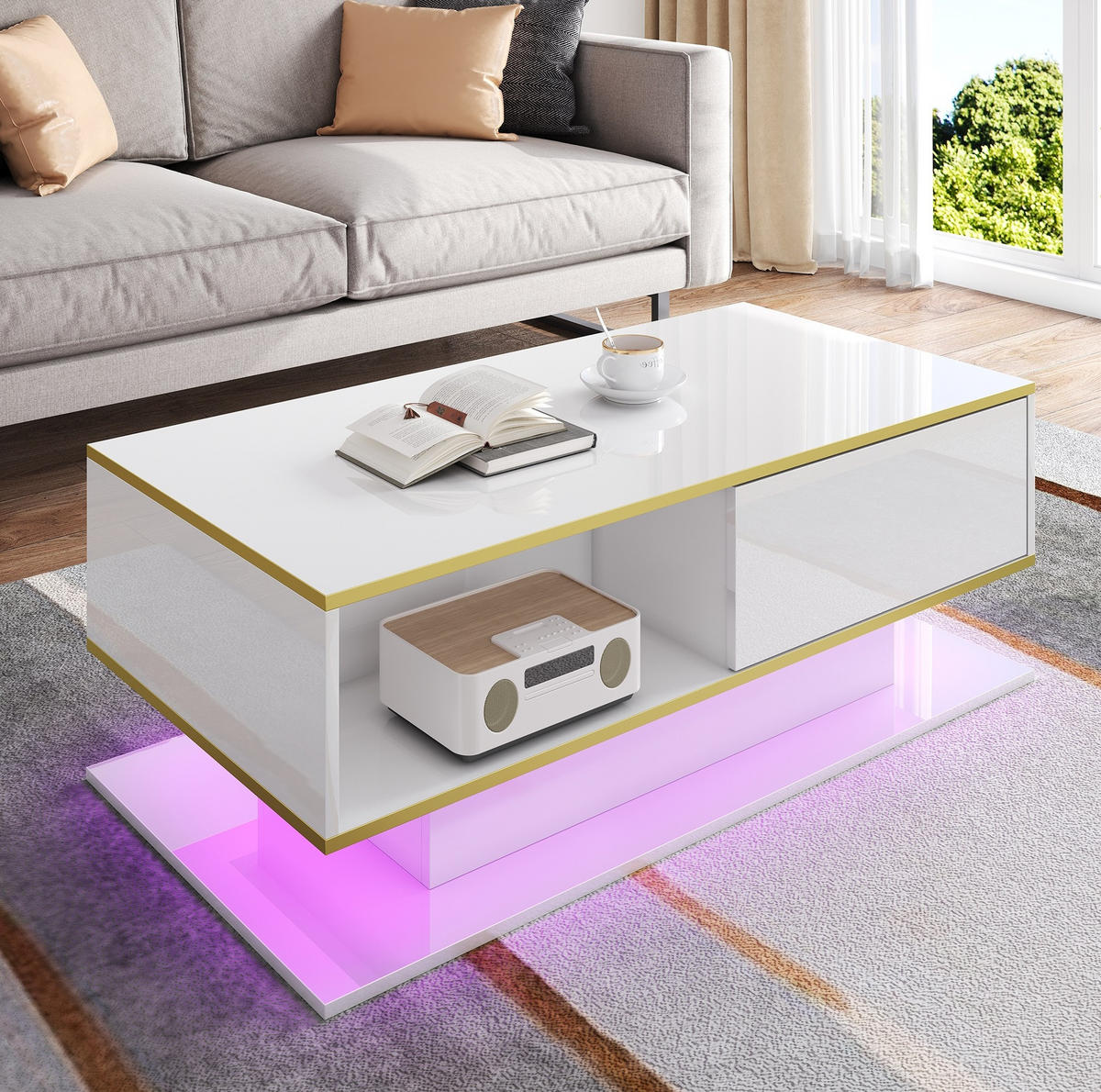 COUCHTISCH aus Spanplatte 100x50x40 cm Weiß-Gold mit LED-Beleuchtung, 3 Schubladen und offenem Fach - Weiß, Holzwerkstoff (100/50/40cm) - IVMEU