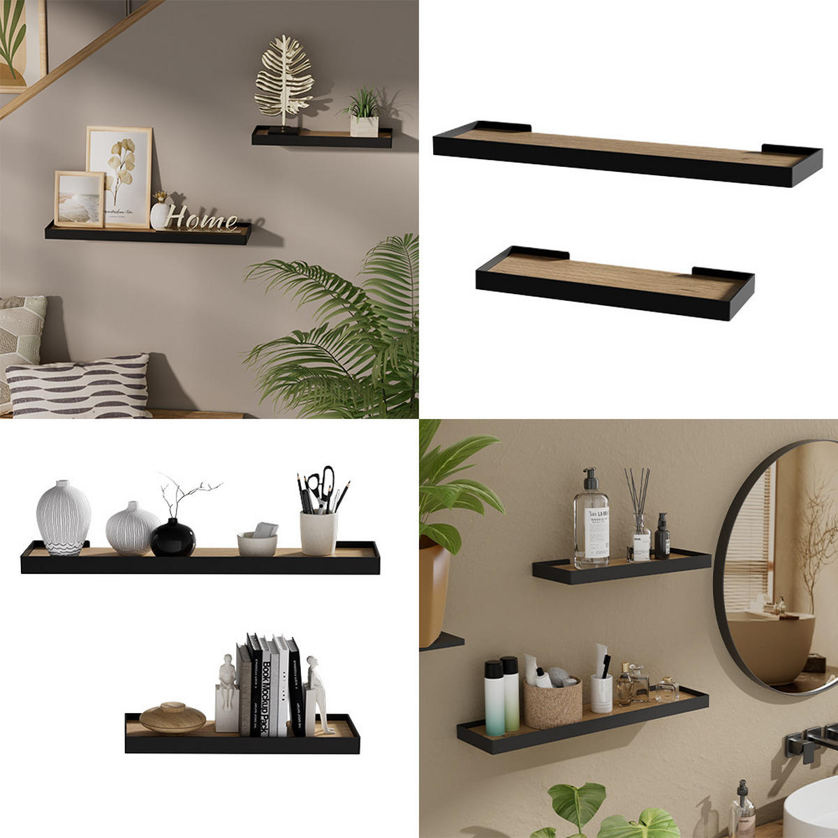 WANDREGAL Erni Schwarz/Eiche 60 x 3 cm 2er-Set - Eichefarben/Schwarz, Holzwerkstoff (60/3/15cm) - Vicco