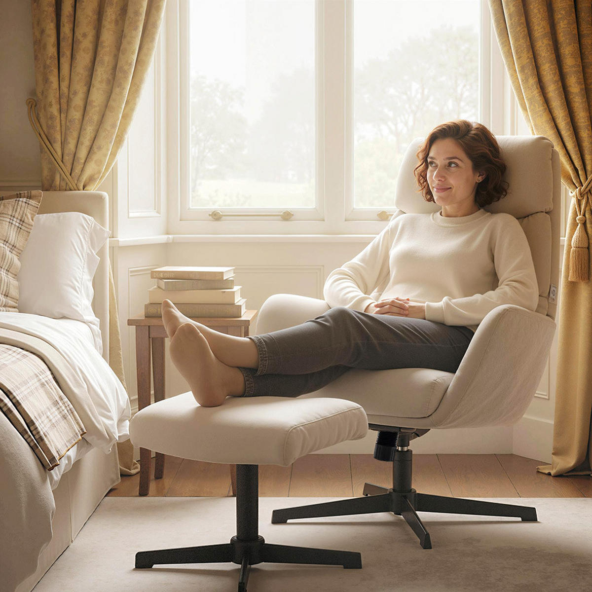 RELAXSESSEL mit Hocker, Fernsehsessel mit hoher Rückenlehne Wippfunktion Beige - Beige/Schwarz, Textil/Metall (66/99/75cm) - HOMCOM