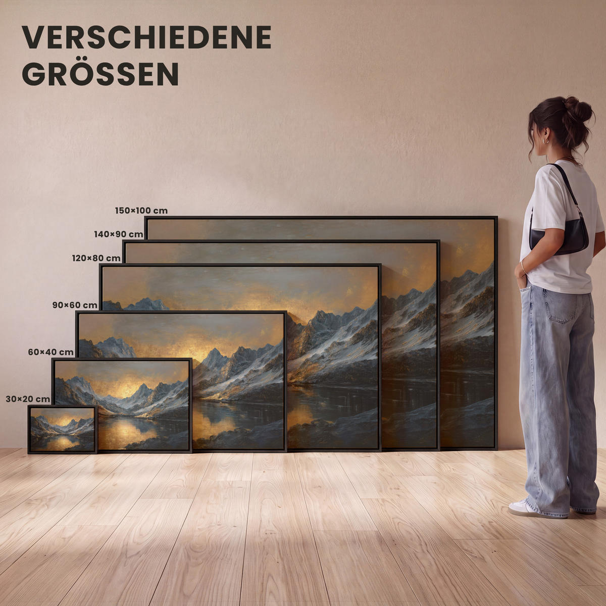 LEINWAND Bilder mit Rahmen - Bergkulisse mit goldenem Sonnenuntergang - 90x60 - Goldfarben, Textil (90/60cm) - MuchoWow