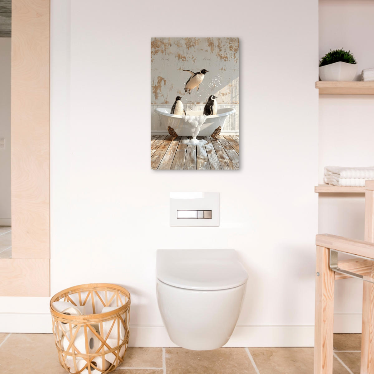 LEINWANDBILD Vintage - Pinguin - Badewanne - Schaumstoff 40x60 cm - Schwarz, Textil (40/60cm) - MuchoWow