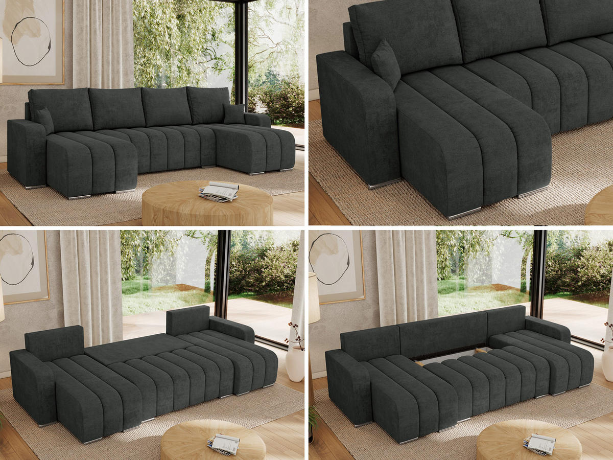 WOHNLANDSCHAFT KIRASSO U Dunkelgrau Struktur - Dunkelgrau/Grau, Textil/Metall (320/86/147cm) - MKS