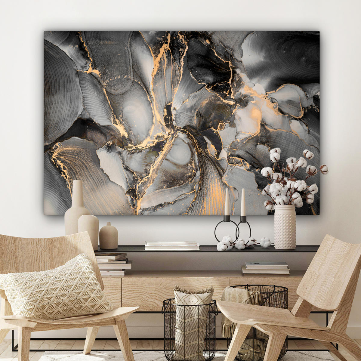 LEINWANDBILD Grau - Luxus - Gold - Marmor Groß 140x90 cm - Dunkelgrau, Textil (140/90cm) - MuchoWow