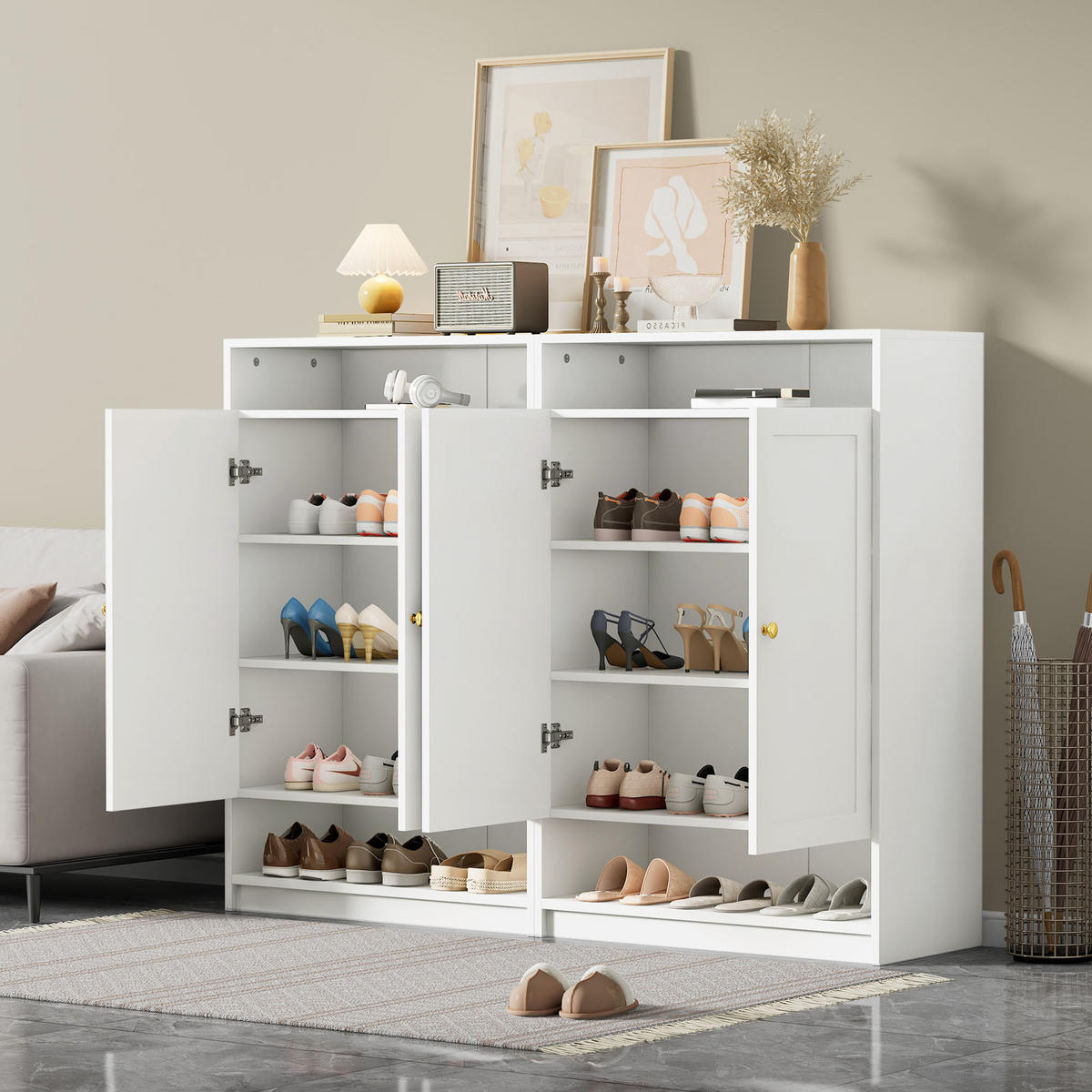 SCHUHSCHRANK aus Spanplatte 146x34x109cm in Weiß mit höhenverstellbaren Einlegeböden - Weiß, Holzwerkstoff (146/109/34cm) - Modfu