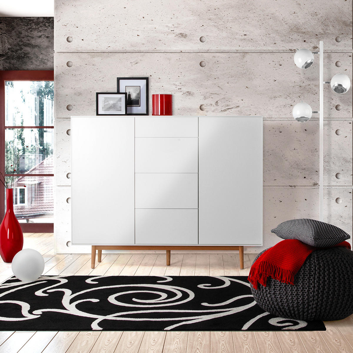 HIGHBOARD mit 4 Schubladen - Weiß / Eiche - 160 x 128 x 40 cm - Eichefarben/Weiß, Eichenholz/Holz (160/128/40cm) - home24
