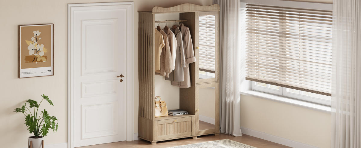 GARDEROBENSCHRANK Spiegel Kleiderstange Schublade - Eichefarben, Holz (115.5/194.5/38.5cm) - Fortuna Lai