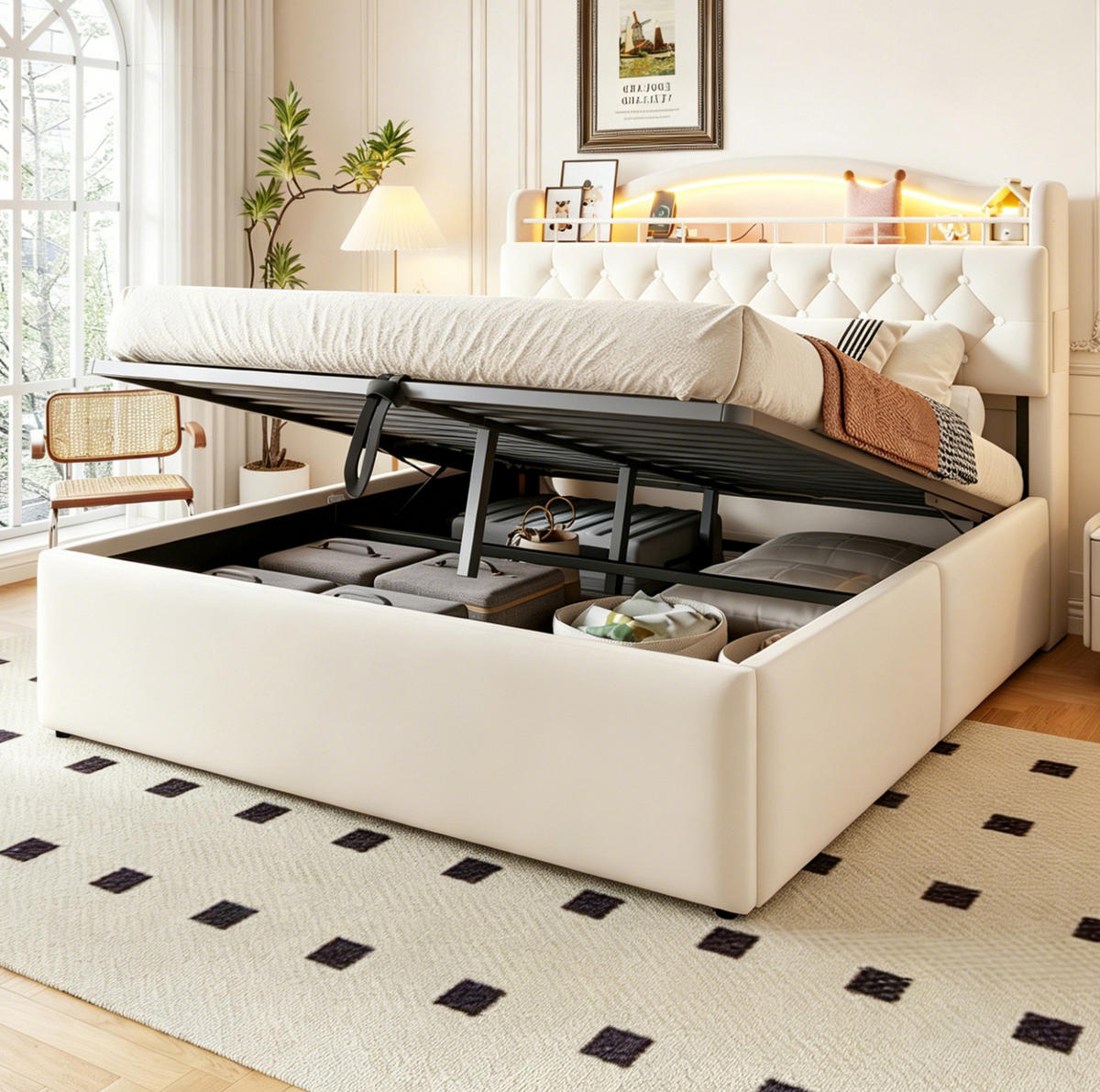 POLSTERBETT 140x200 cm in Beige mit hydraulischem Bettkasten, LED und USB-C - Beige, Textil (140/200cm) - IVMEU