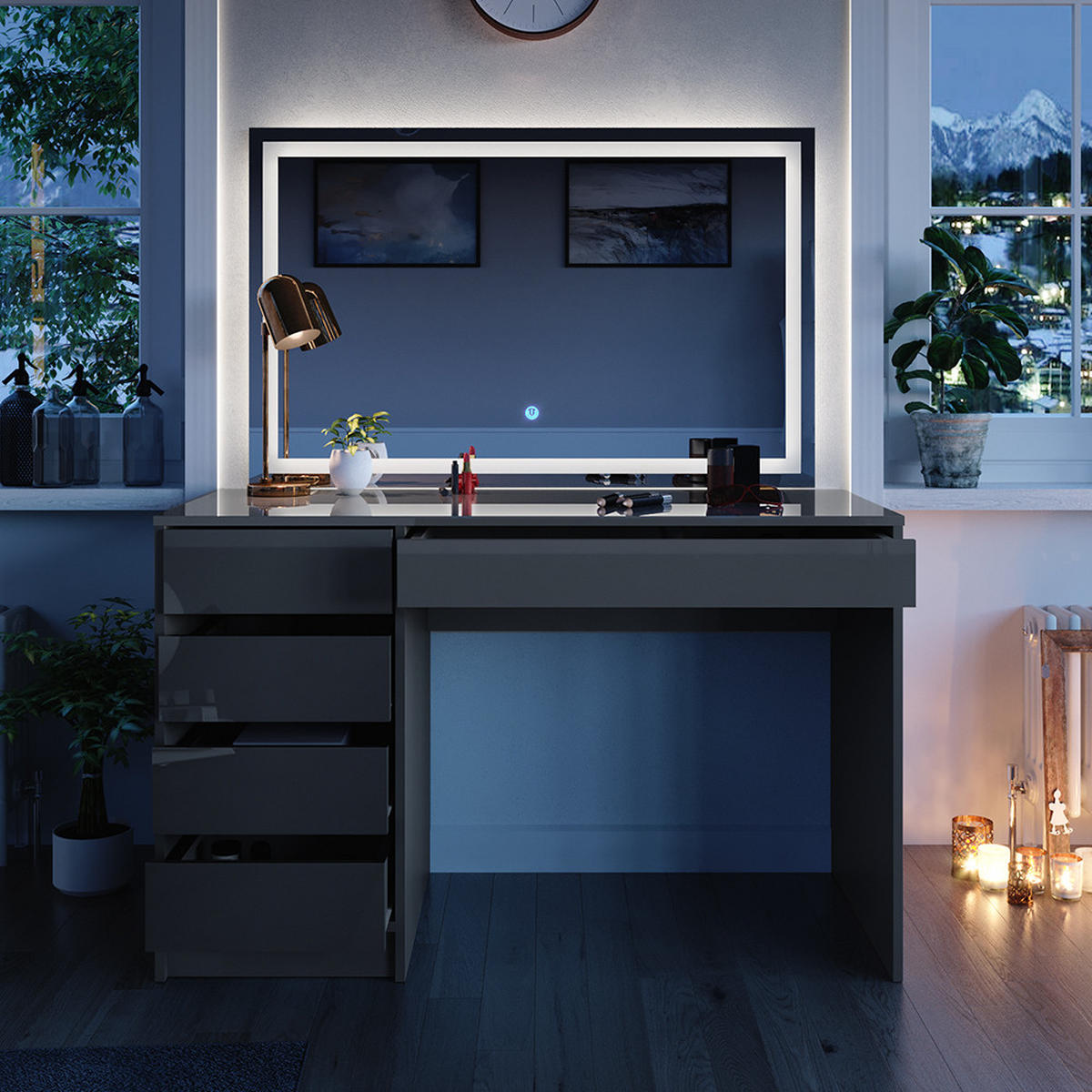 SCHMINKTISCH Sherry Grau 120 cm mit LED-Spiegel - Grau, Holzwerkstoff (120/75/55cm) - Vicco