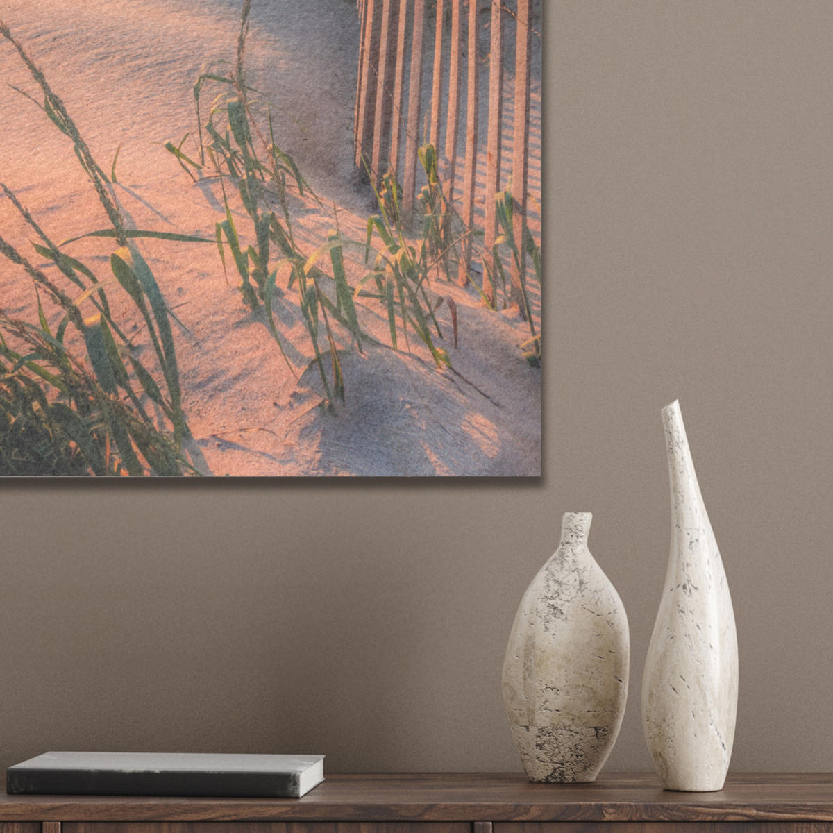 AKUSTIKBILD Strand - Meer - Düne - Sonnenuntergang - Landschaft Kunstdruck Schlafzimmer 50x70 cm - Beige, Kunststoff (50/70/0.9cm) - MuchoWow