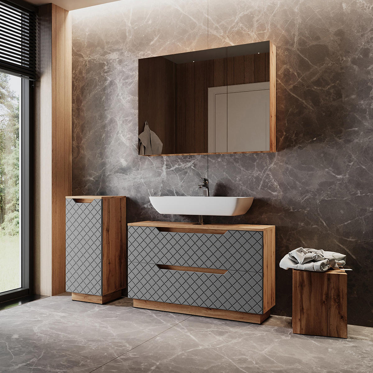 BADMÖBEL-SET Lotta Eiche/Grau mit Kachelstruktur 3 Teile - Grau, Holzwerkstoff (99.4/62.5/32cm) - Vicco