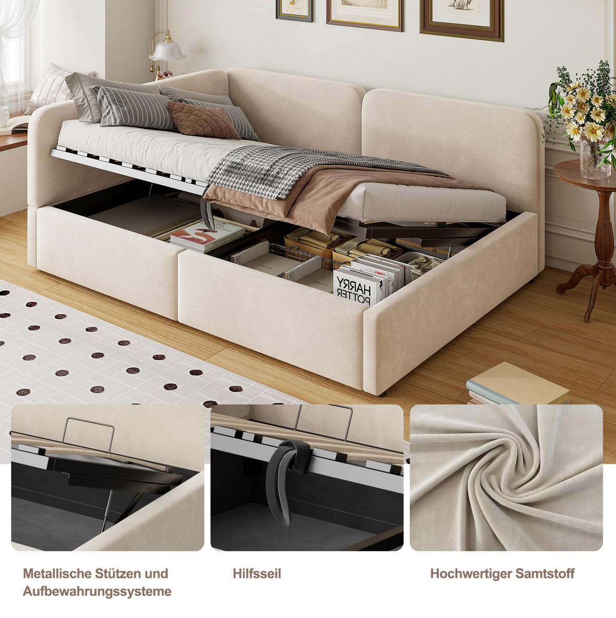 90 x 200 cm Samt-Schlafsofa mit hydraulischem Stauraum, hohem Kopfteil, austauschbarer Rückenlehne, platzsparendes Bett , Beige - Beige, Textil/Metall (90/200cm) - Modenvie