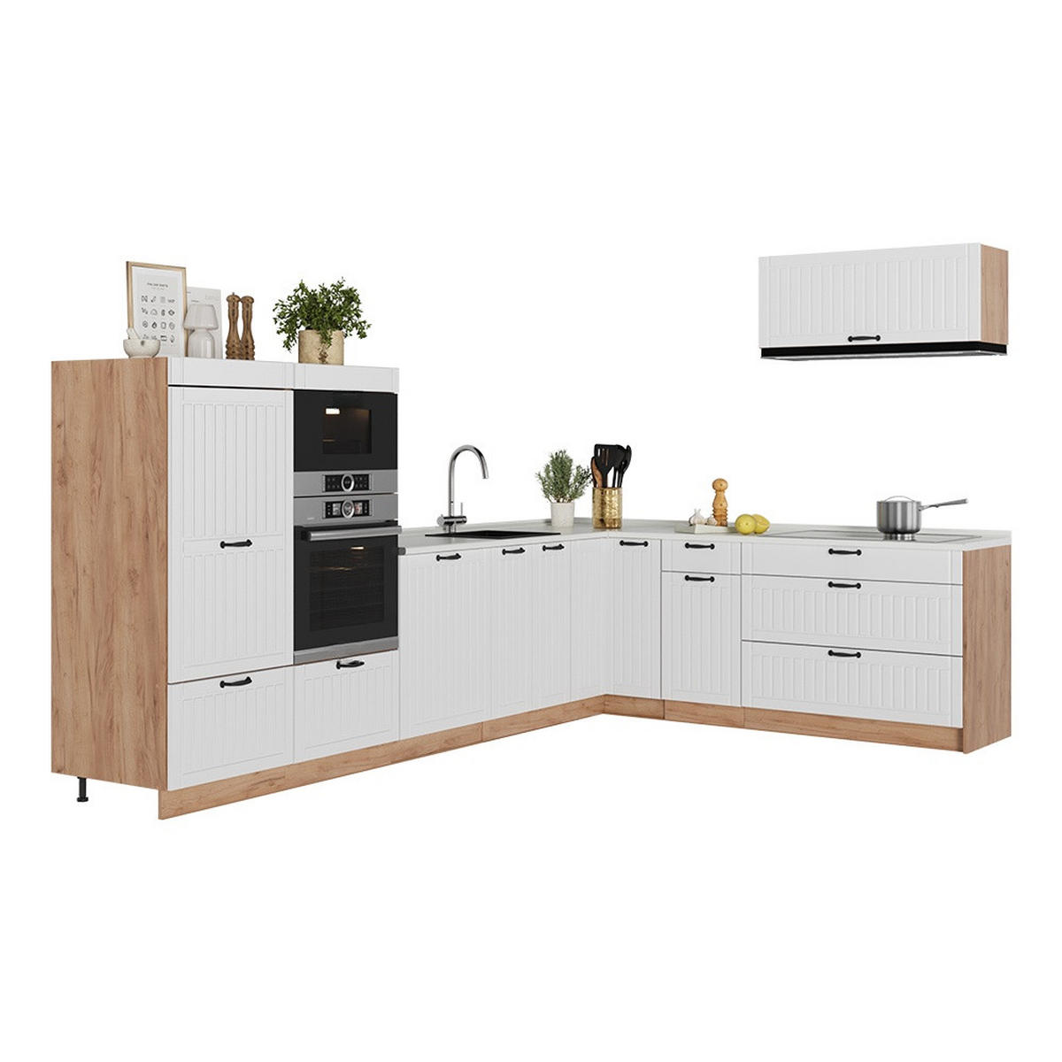 KUHINJA U OBLIKU SLOVA L Fame-Line, Bijela Seoska/Hrast zlatnog tona, 327 x 227 cm bez radne ploče - bijela/hrast medunac, drvni materijal (327/153.6/51.6cm) - Vicco