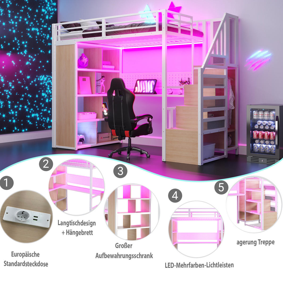 VYSOKÁ posteľ 90/200 cm biela z kovu a dreva s písacím stolom LED osvetlením a úložným priestorom - biela, kov (90/200cm) - OKWISH