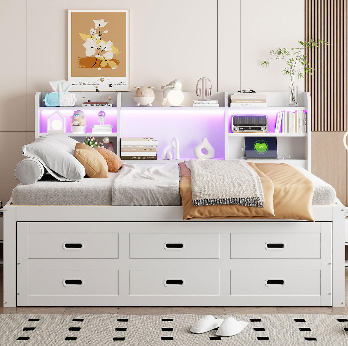TAGESBETT 140/200 cm mit LED-Beleuchtung, 3 Schubladen und USB/Type-C in Weiß - Weiß, Holzwerkstoff (140/200cm) - BEAOK