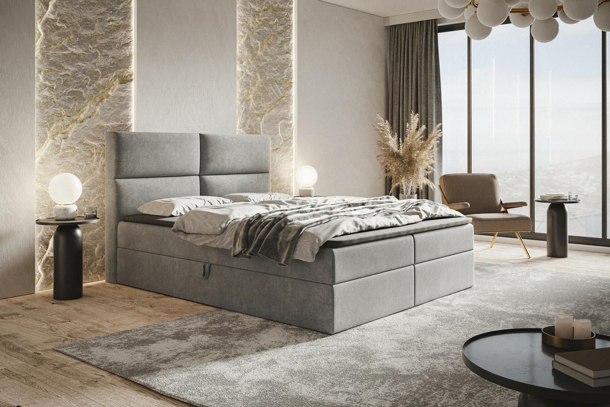 BOXSPRINGBETT mit Matratze 140x200 Coral, Samt, Bettkasten, Hellgrau - Hellgrau, Holz/Textil (140/200cm) - Emporius