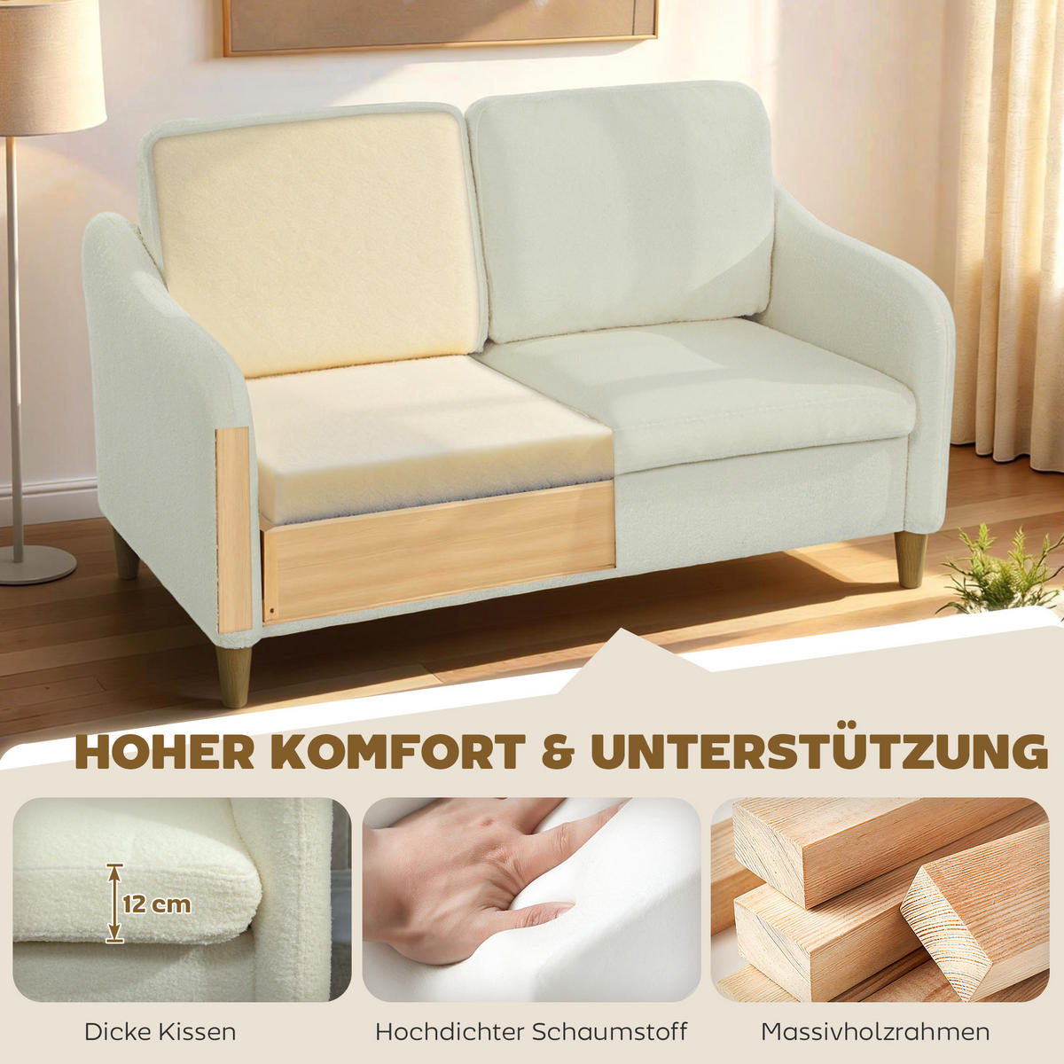 SOFA Polyester Eukalyptusholz Cremeweiß - Eukalyptusholzfarben/Creme, Holz/Textil (69/82/137cm) - HOMCOM