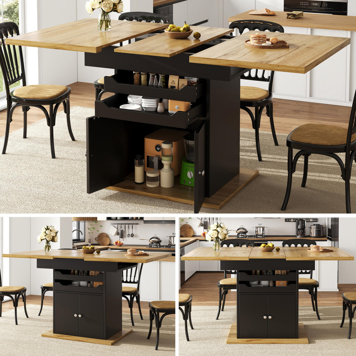 AUSZIEHTISCH 110-140/80/76 cm in Schwarz mit Stauraum für 4-6 Personen - Schwarz, Holzwerkstoff (110/80/76cm) - BEAOK