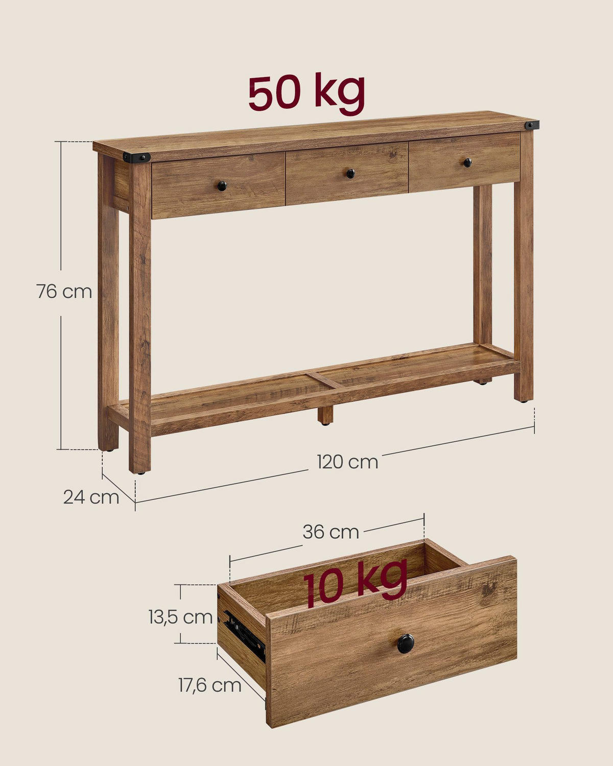 KONSOLENTISCH Hall - Braun, Holzwerkstoff (120/24/76cm) - VASAGLE
