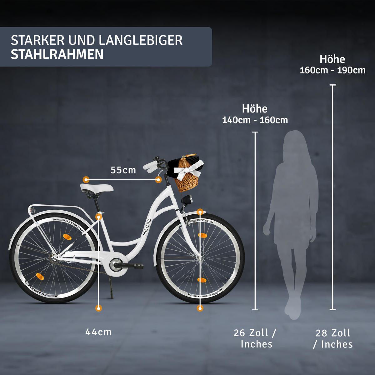 CITY-FAHRRAD Milord mit Weidenkorb, 28 Zoll, Weiß, 1-Gang - Weiß, Metall (46cm) - Milordbikes