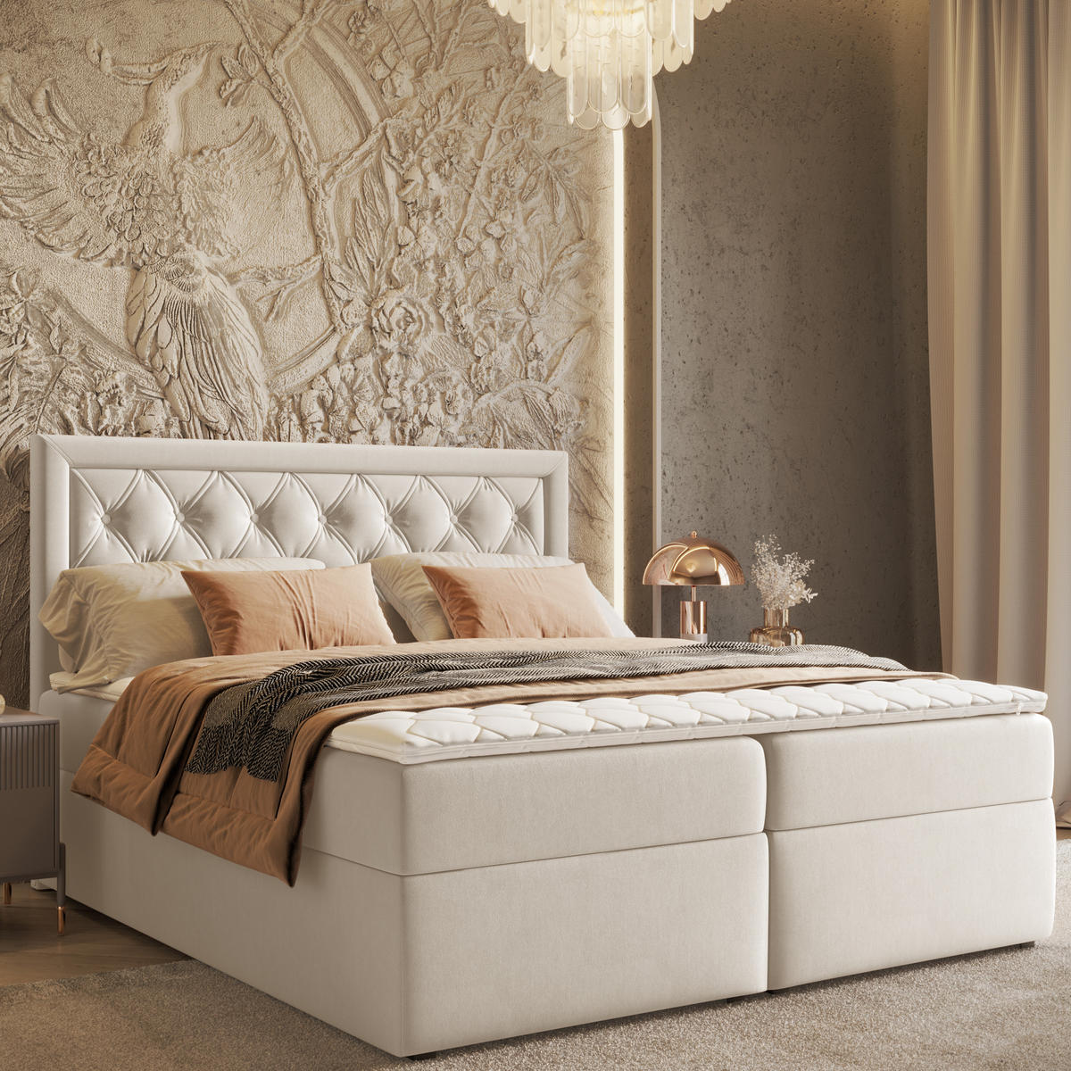 BOXBETT Maestro Hellbeige 160/200 cm mit Bonellmatratze und Topper - Beige/Schwarz, Holz/Holzwerkstoff (160/200cm) - Maison de Reve