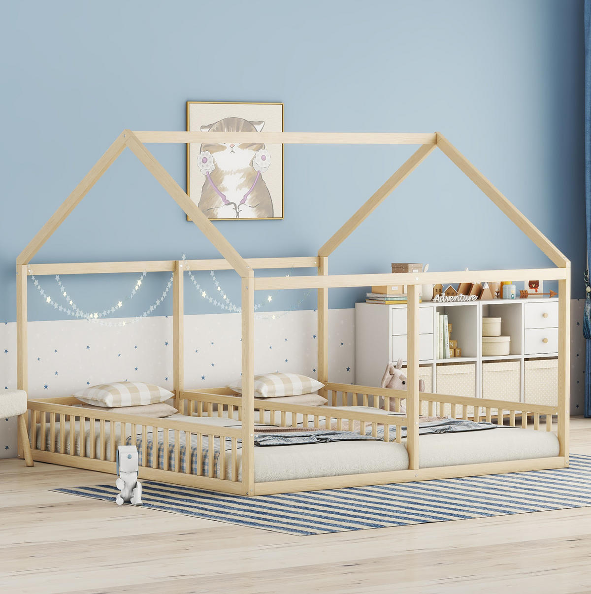 KINDERBETT aus Kiefer 204x187x168 cm Natur 2-in-1 Hausbett mit Absturzsicherung und Mittelgeländer - Naturfarben, Holz (90/200cm) - Modfu