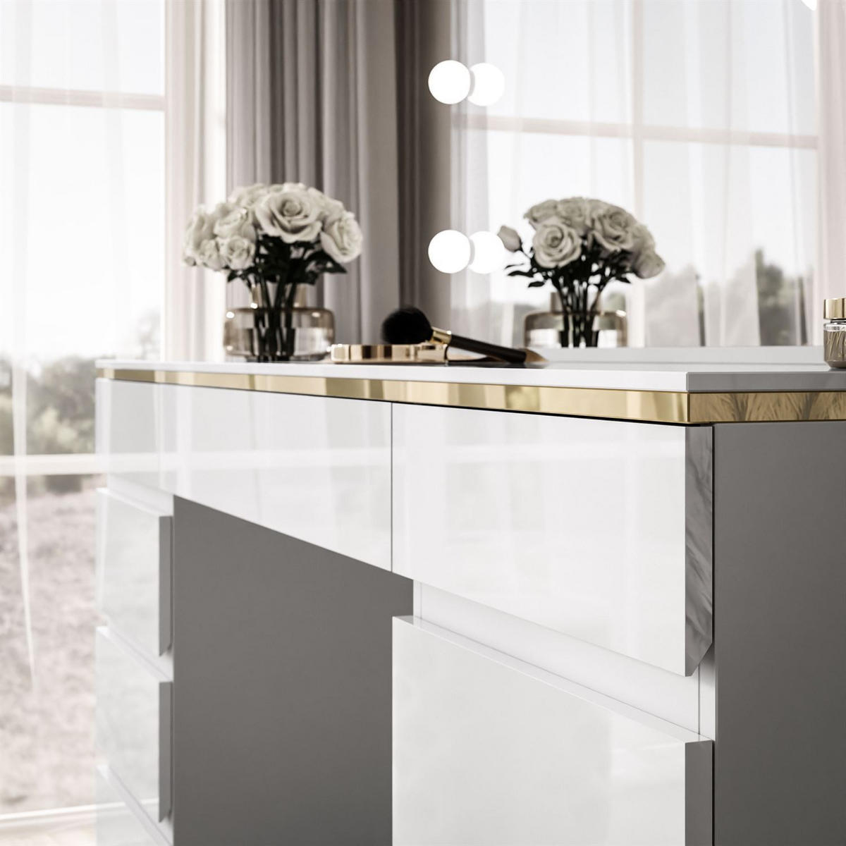 SCHMINKTISCH AURORA DOUBLE GOLD, weiß glänzend - Goldfarben/Weiß, Holzwerkstoff (156.8/79.2/55cm) - Lookway