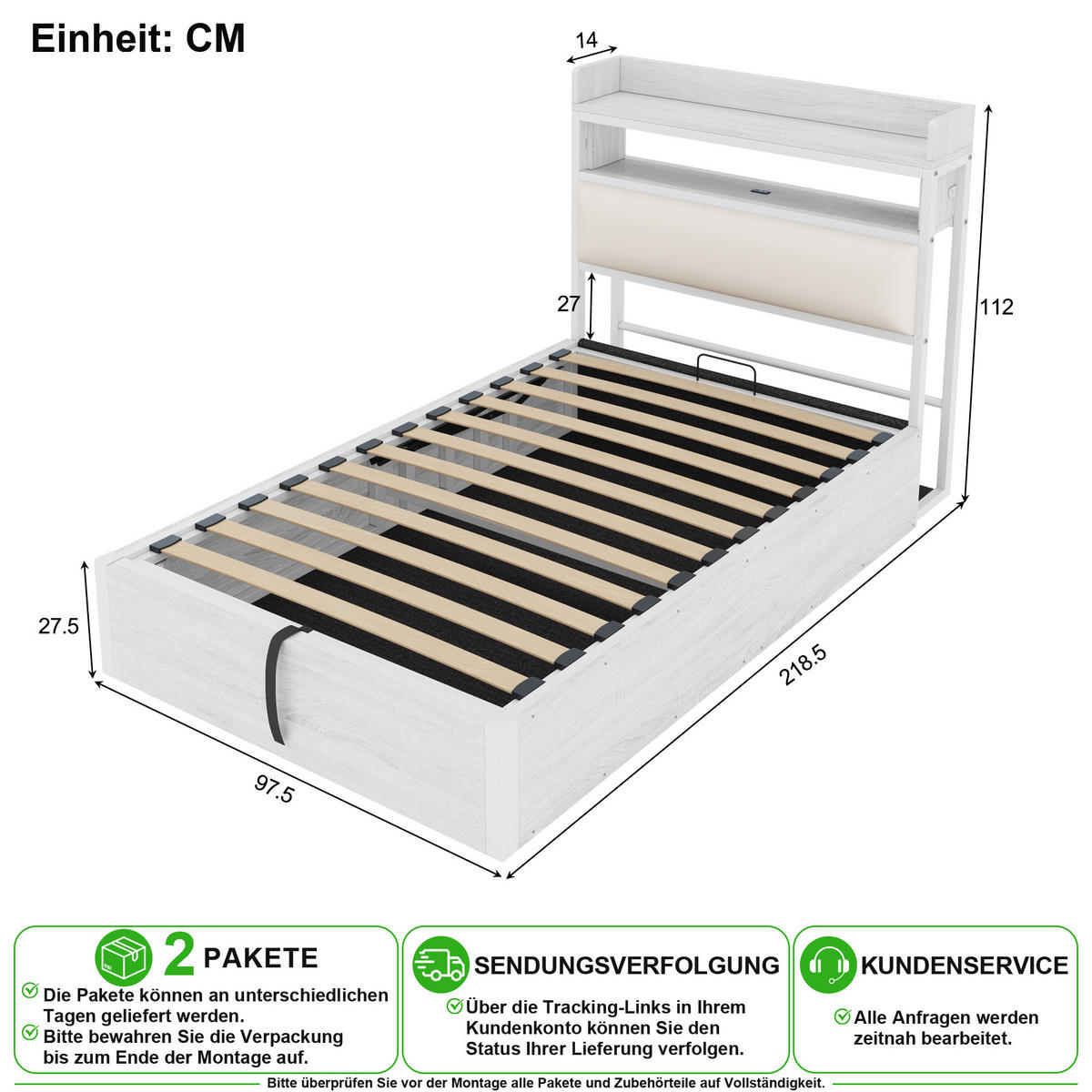 BETT 90/200 cm in Weiß mit Bettkasten, USB und Regal - Weiß, Holzwerkstoff/Textil (90/200cm) - CHICFURN
