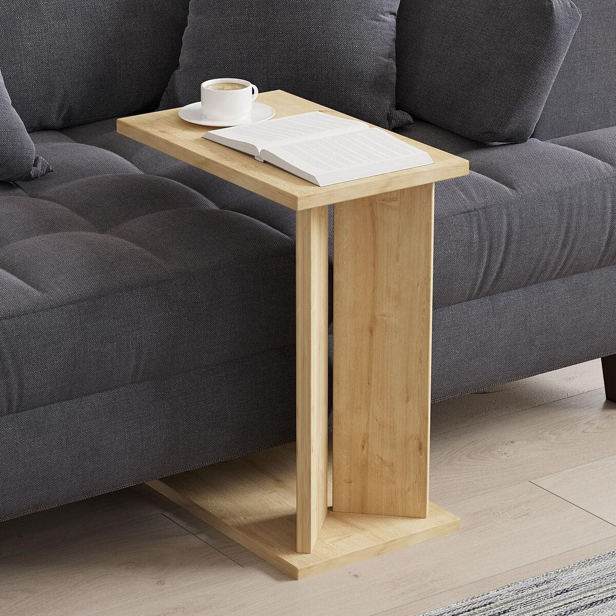 KONCOVÝ stolek k pohovce LUN s policí - barva dubu, kompozitní dřevo (25/50/48.6cm) - Calicosy