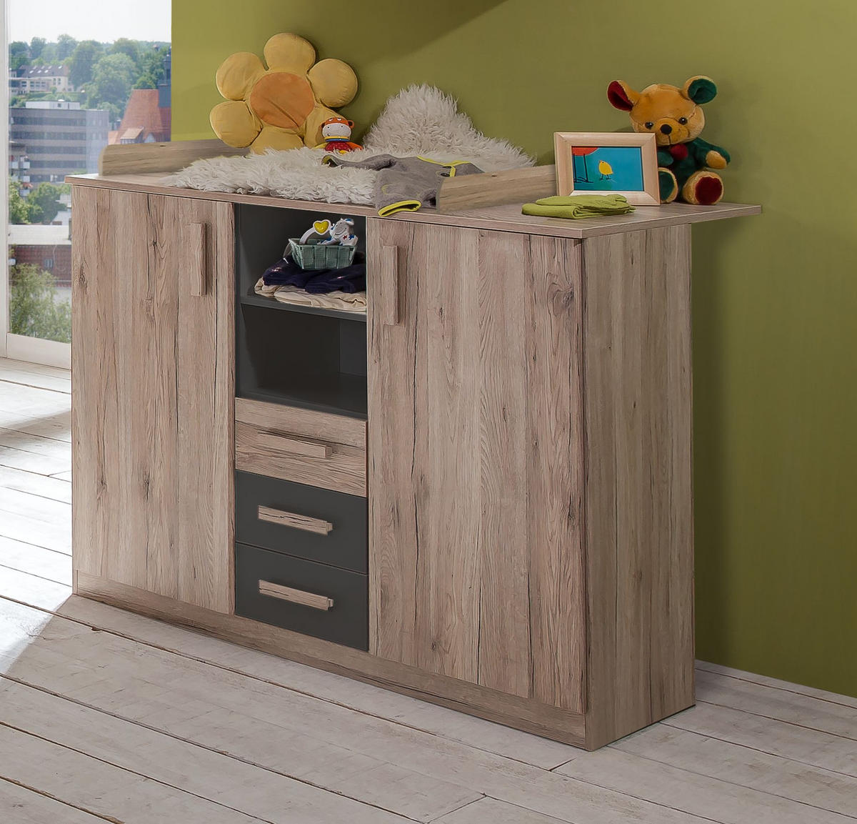 BABYZIMMER Cariba in Eiche San Remo und Graphit 9 teilig - Braun, Holzwerkstoff (120/200/80cm)