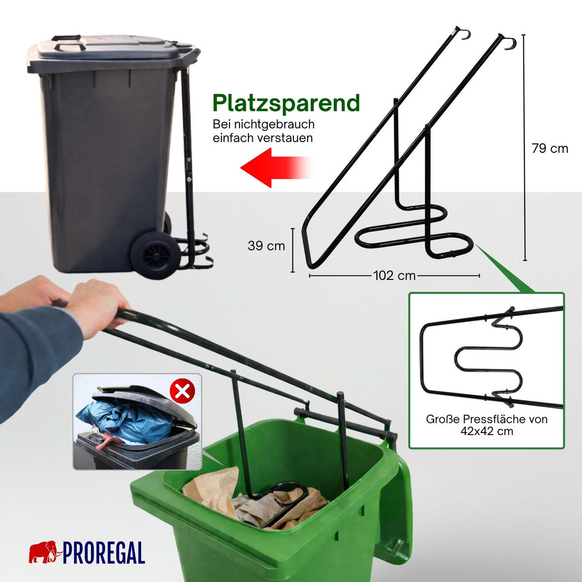 MÜLLPRESSE Pressforce manuell für 60 bis 240 Liter Mülltonne - Schwarz, Metall (102/79/39cm) - PROREGAL