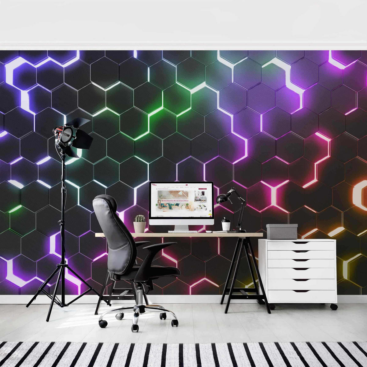 FOTOTAPETE Strukturierte Hexagone mit Neonlicht 336/225 cm - Multicolor, Papier (336/225cm) - Bilderwelten