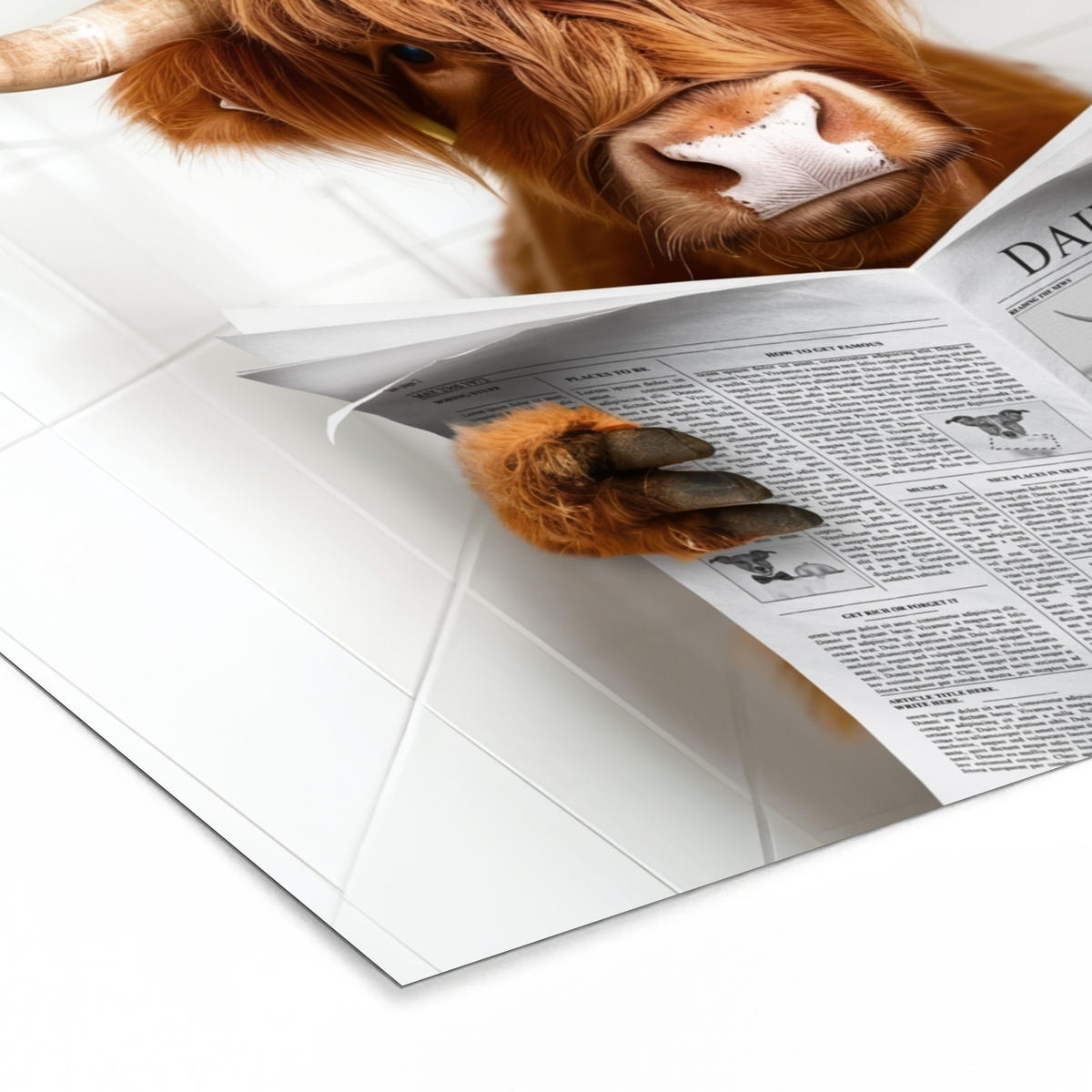 POSTER MIT RAHMEN Schottischer Highlander - Tier - Zeitung - Toilette 80x60 cm - Kastanienfarben, Papier (80/60cm) - MuchoWow