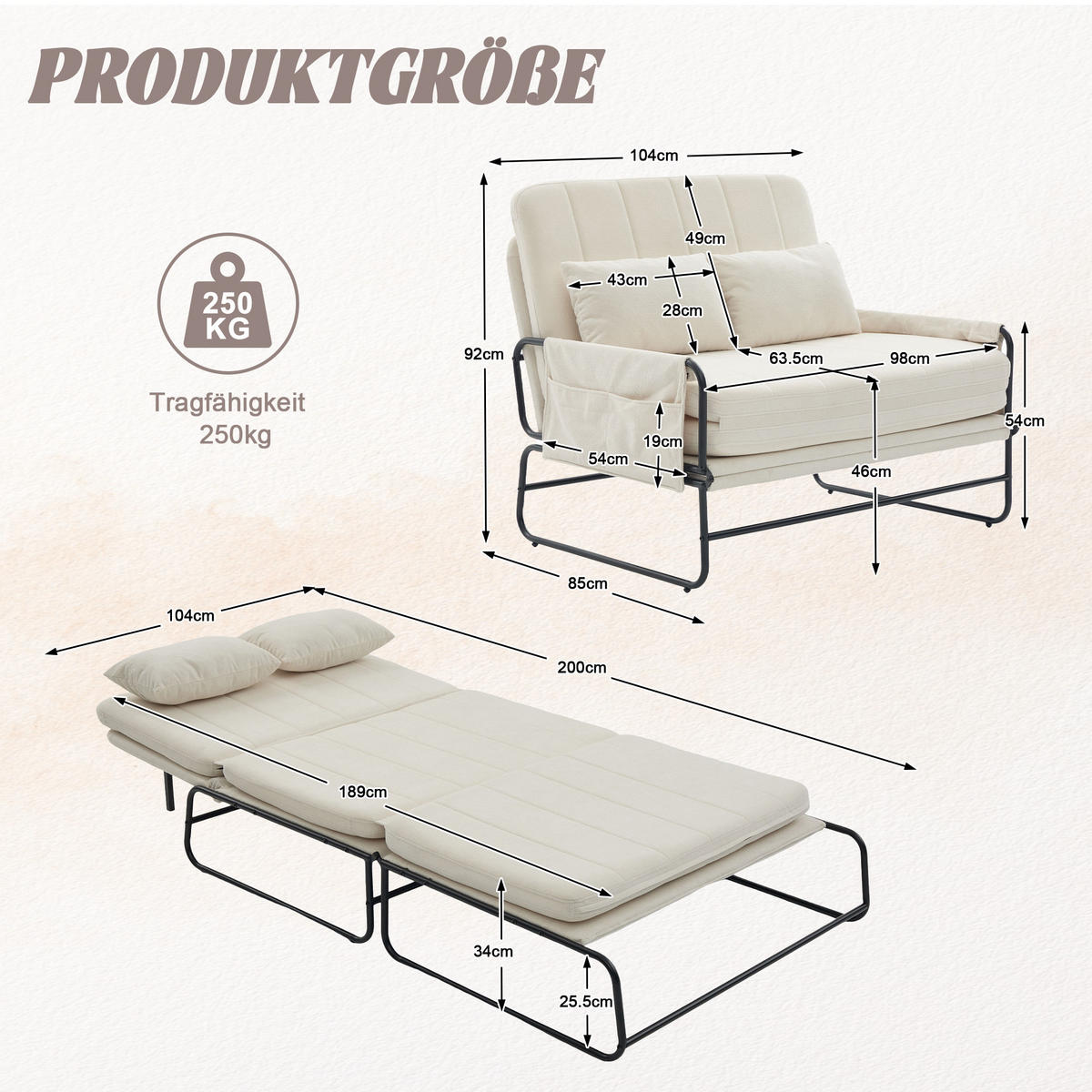 SCHLAFSOFA 2-Sitzer umbaubar mit Metallgestell, DE-42601, Beige - Beige, Metall (104/92/85cm) - ComfortXL