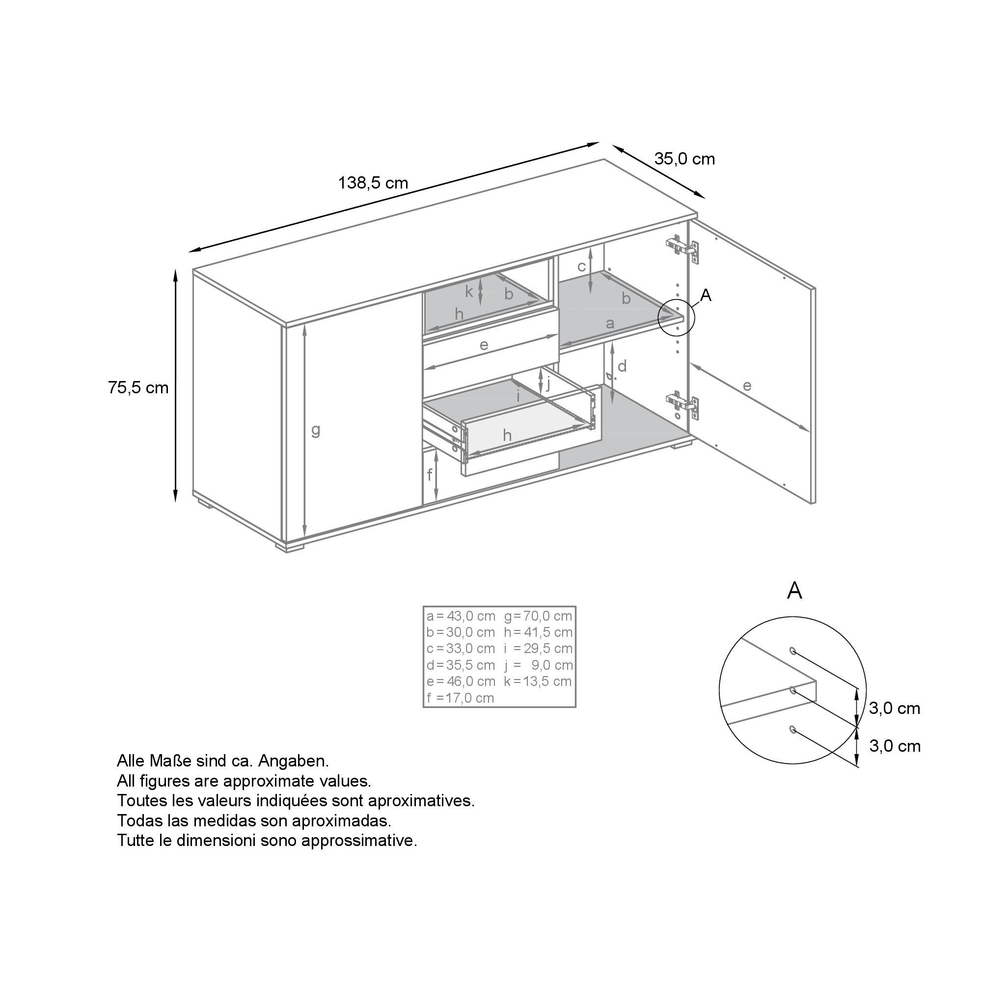 Thumbnail - Vladon Sideboard, Eiche San Remo, Holzwerkstoff, 138.5x75.5x35 cm, Wohnzimmer, Kommoden & Sideboards, Sideboards