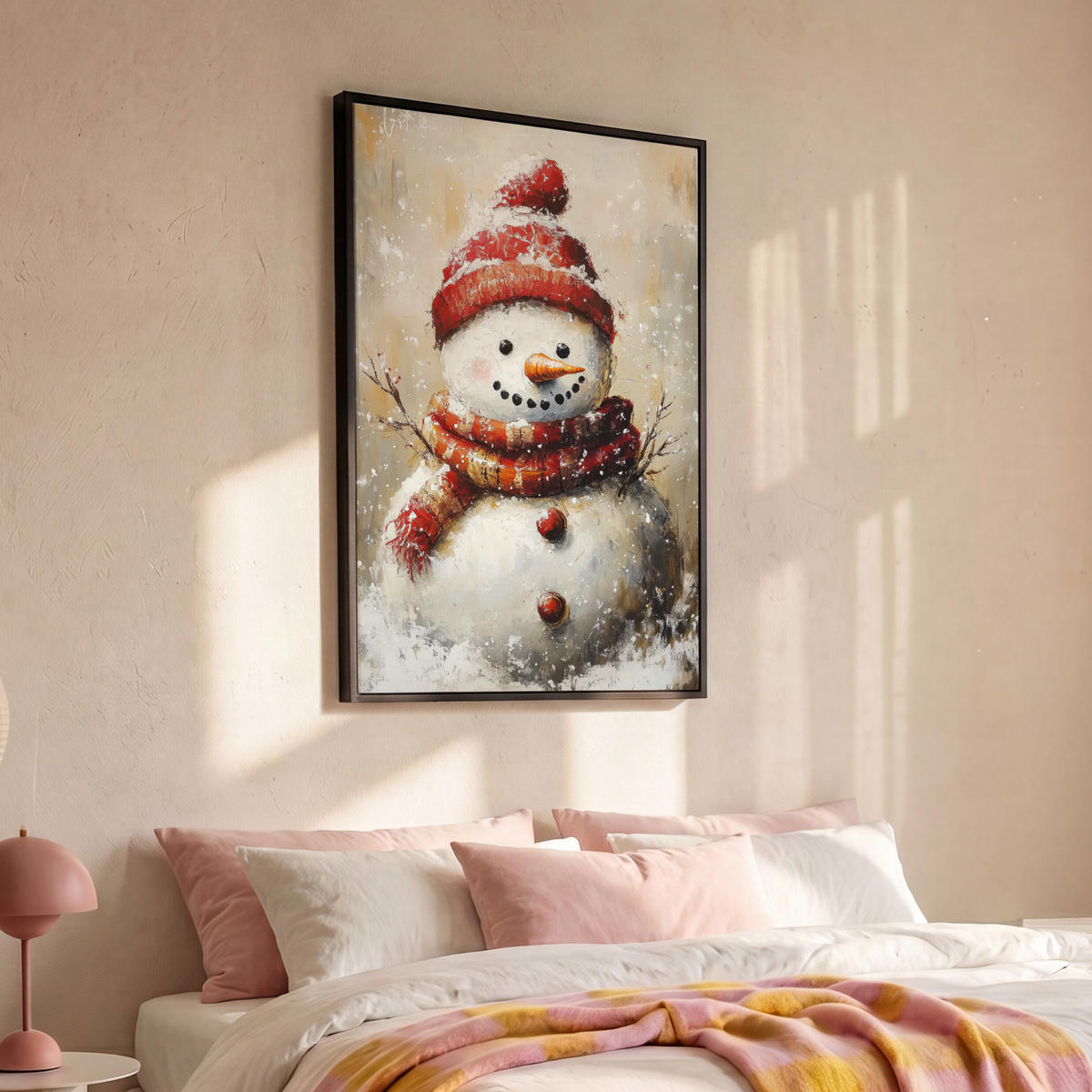LEINWAND Bilder mit Rahmen - Schneemann - Winter - Schnee - Beige - 100x150 - Weiß, Textil (100/150cm) - MuchoWow