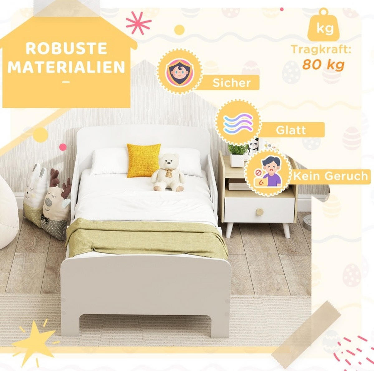 KINDERBETT mit beidseitigen Schutzschienen für Matratze 140 x 70 cm MDF Weiß - Weiß, Holzwerkstoff (70/140cm) - Beauniv