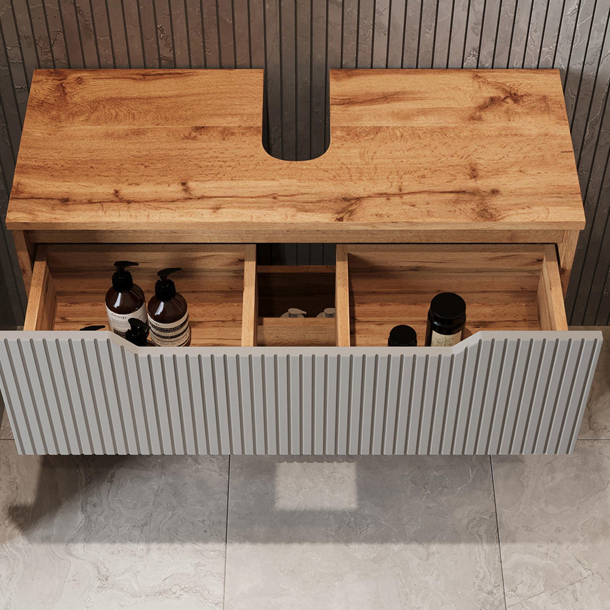 WASCHBECKENUNTERSCHRANK Lotta Eiche/grau gestreift 79.6 x 62.5 cm mit 2 Schubladen - Eichefarben/Grau, Holzwerkstoff (79.6/62.5/32cm) - Vicco