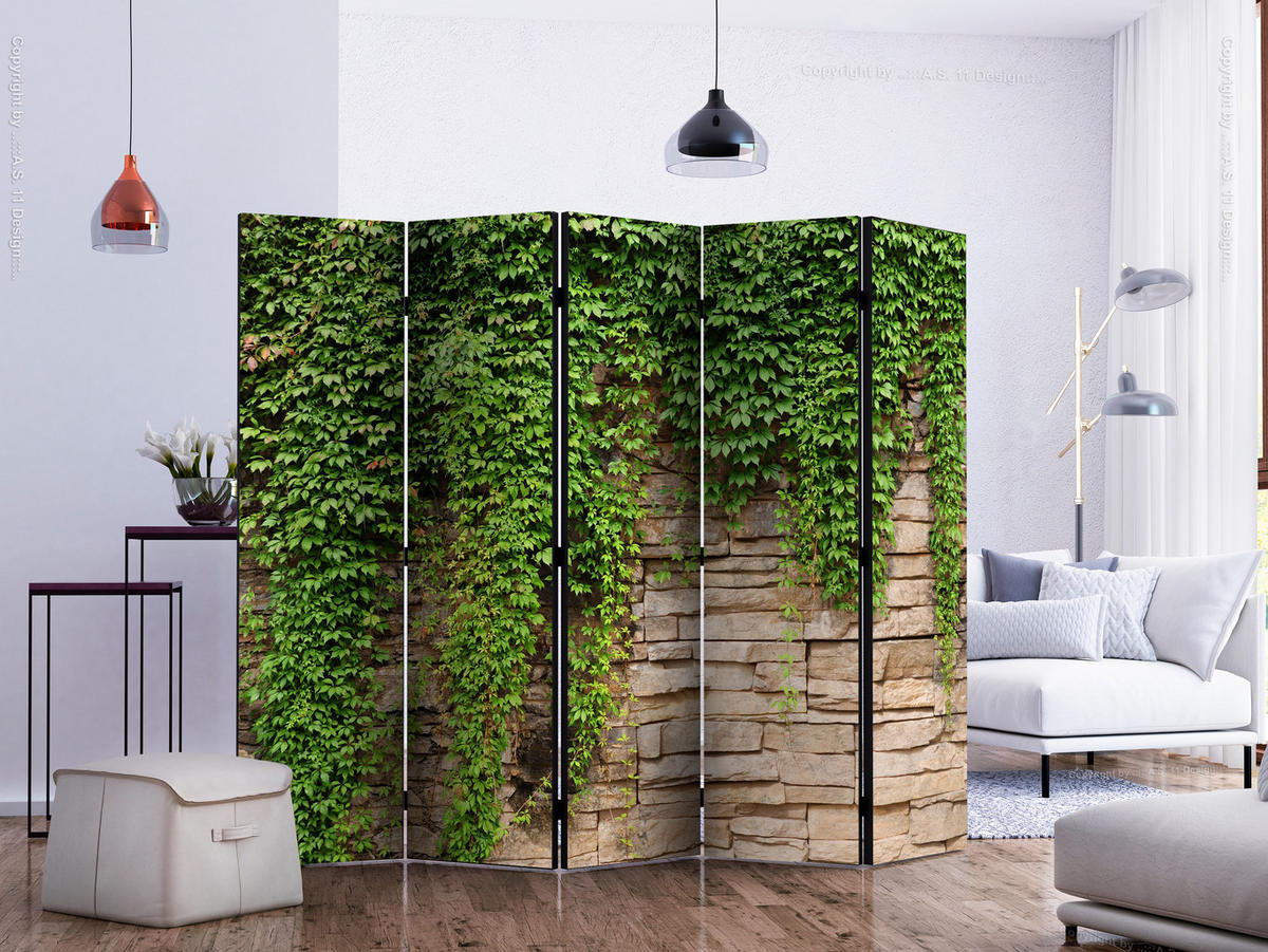 PARAVÁN Akustický 5-dielny 225x172 cm Stena Listy 3D - zelená, drevo/textil (225/172/3cm) - Muralo