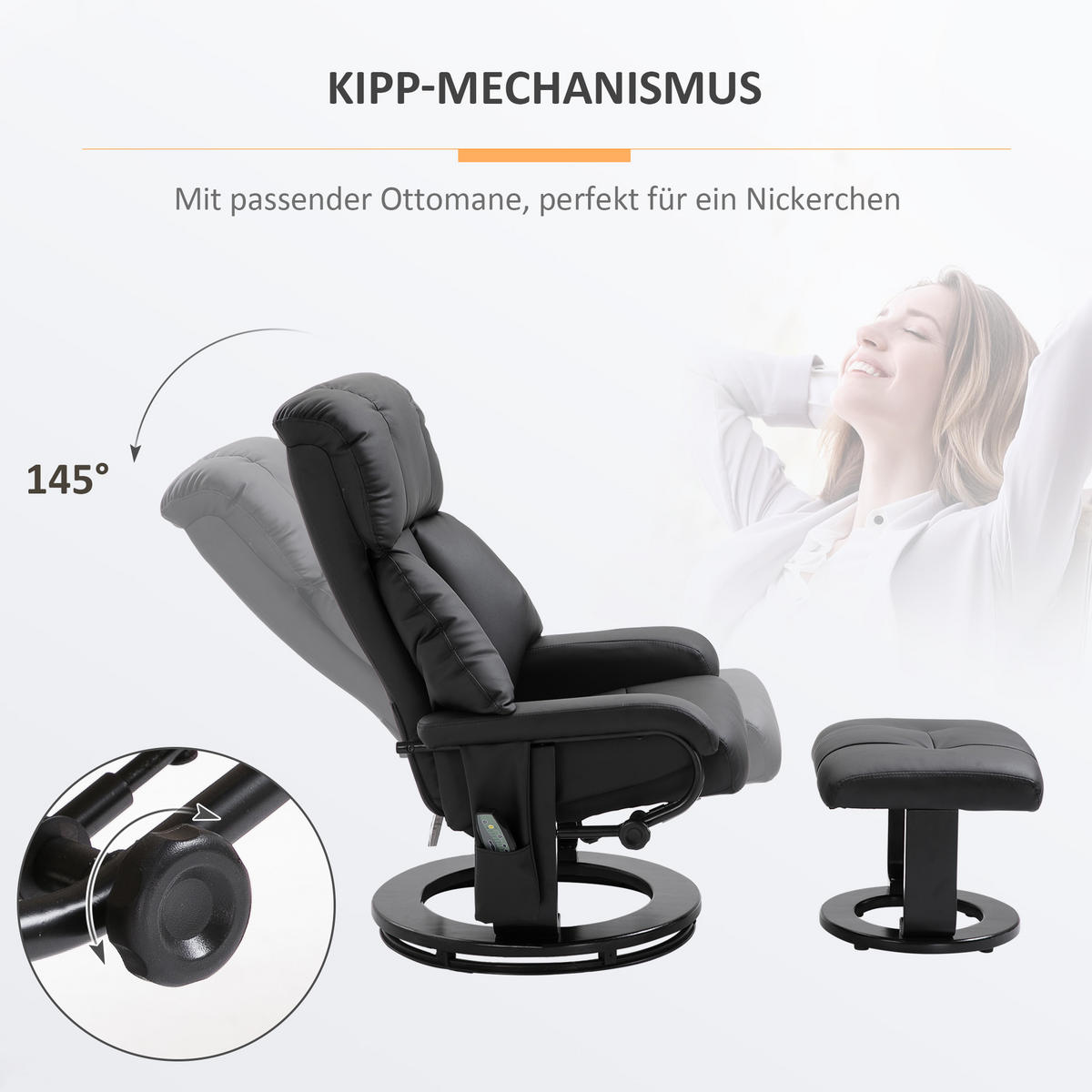 RELAXSESSEL mit Liegefunktion Massagesessel inkl. Hocker Fernsehsessel drehbar - Schwarz, Leder/Kunststoff (80/102/76cm) - HOMCOM
