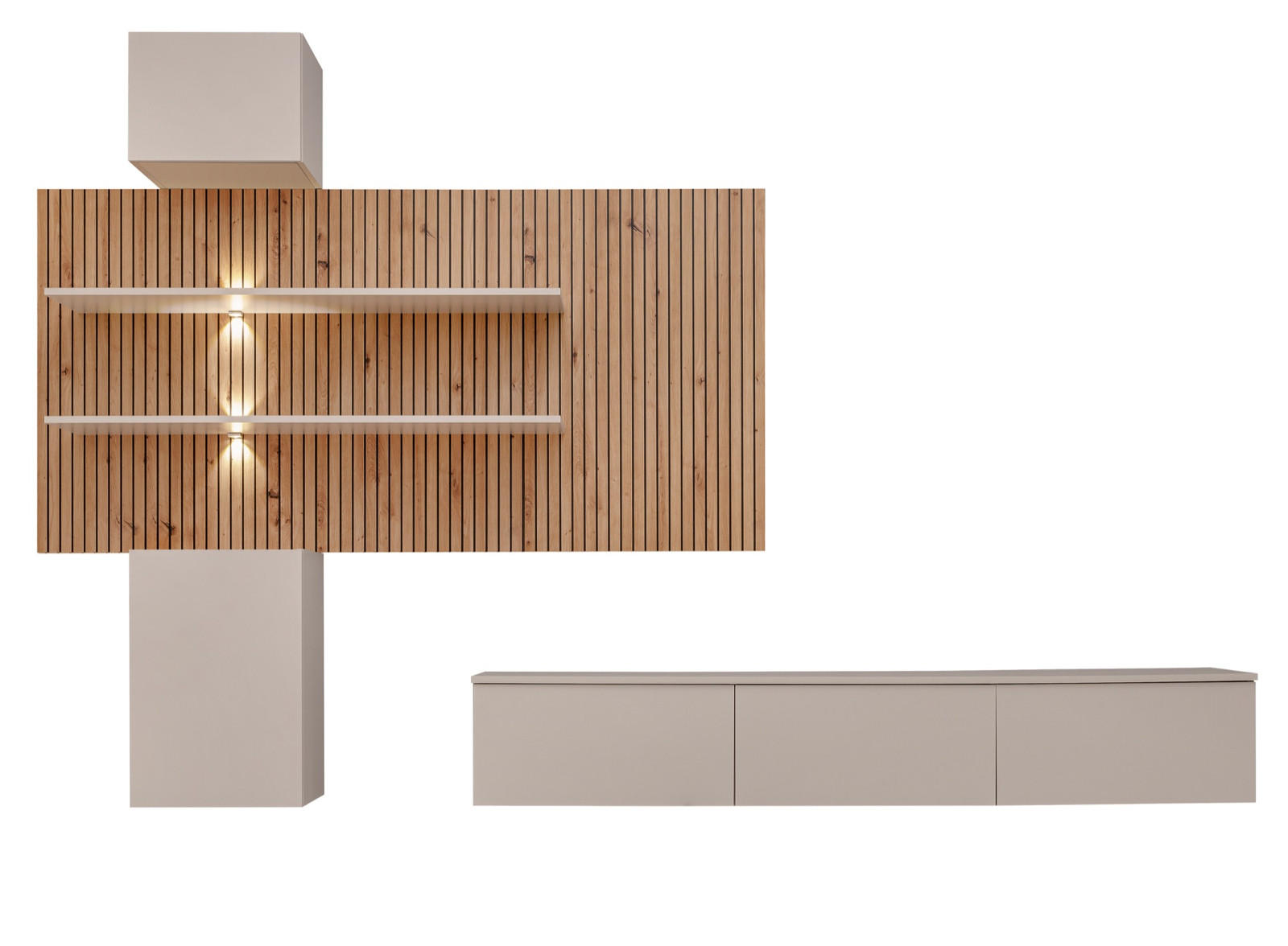 WOHNWAND Sand matt, Eiche Artisan 280 cm, Schrankwand hängend inklusive LED Beleuchtung - Sandfarben/Eiche Artisan, Holzwerkstoff (280/180/45cm) - Furn.Design