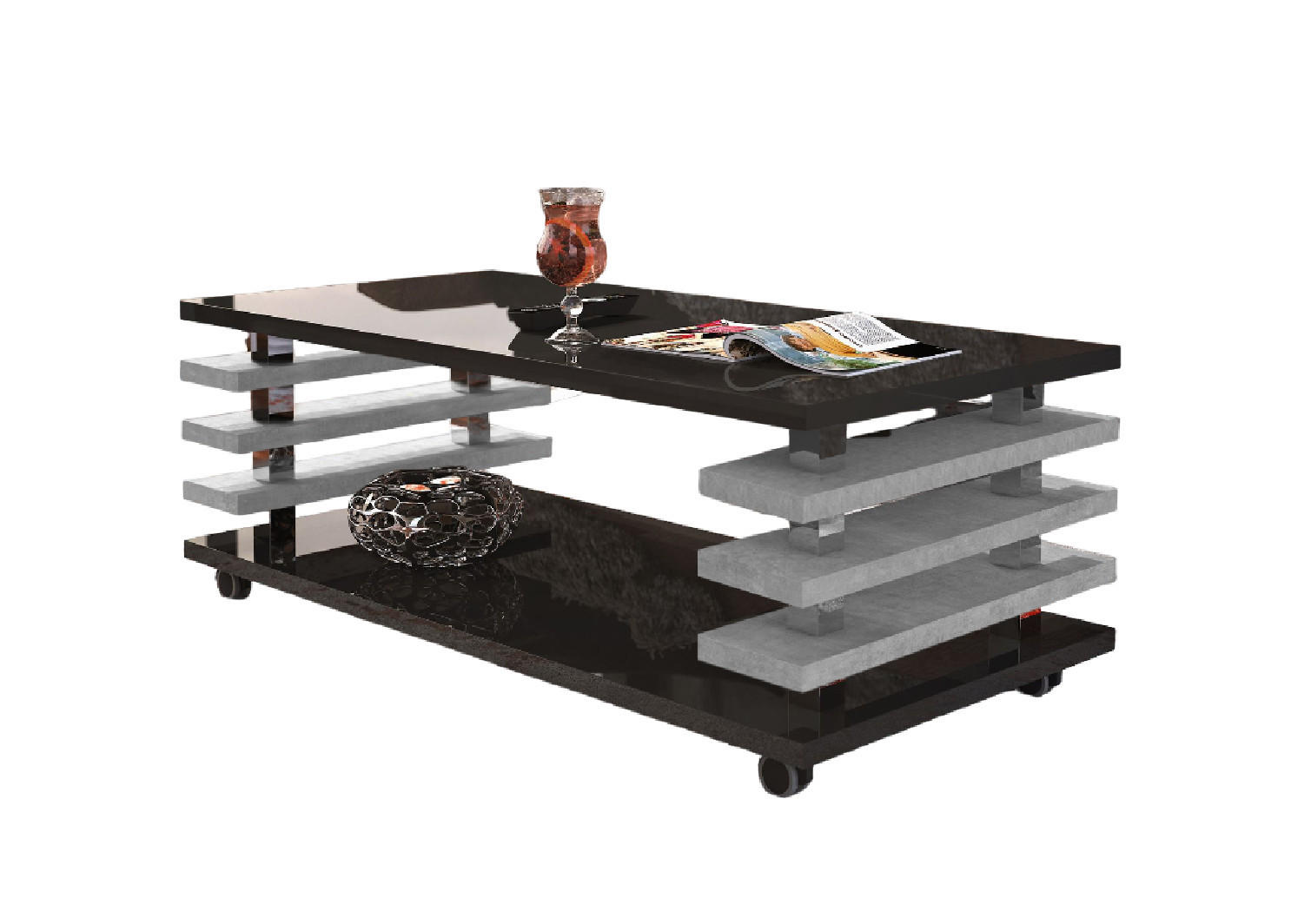 COUCHTISCH rechteckig Schwarz Hochglanz - Beton Ablage Rollen - Schwarz Hochglanz/Hellgrau, Holzwerkstoff (60/120/45cm) - designimpex