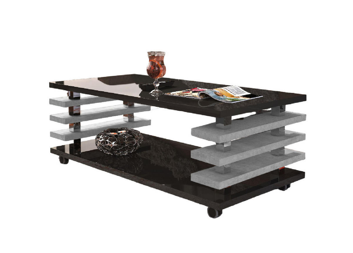 COUCHTISCH rechteckig Schwarz Hochglanz - Beton Ablage Rollen - Schwarz Hochglanz/Hellgrau, Holzwerkstoff (60/120/45cm) - designimpex