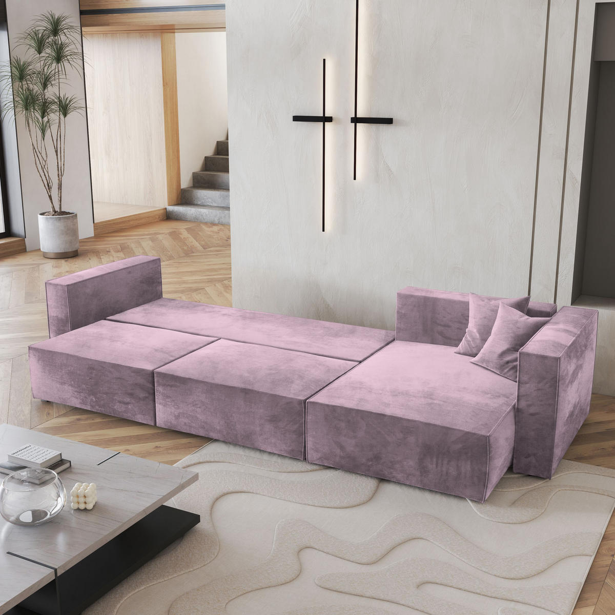 ECKSOFA TOLMO M Lila Velours-Stoff mit Schlaffunktion - Lila, Holz (347/148cm) - MASSENO